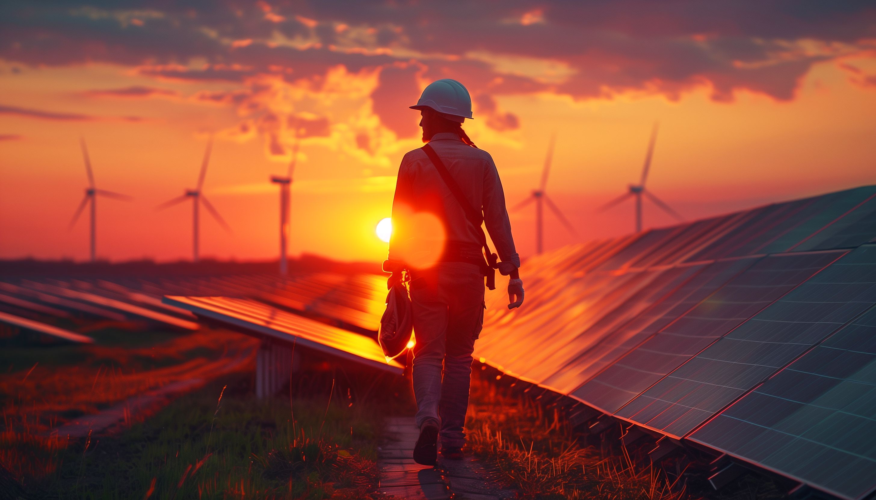 Techniker mit Helm auf einem Solarfeld mit Windrädern im Hintergrund